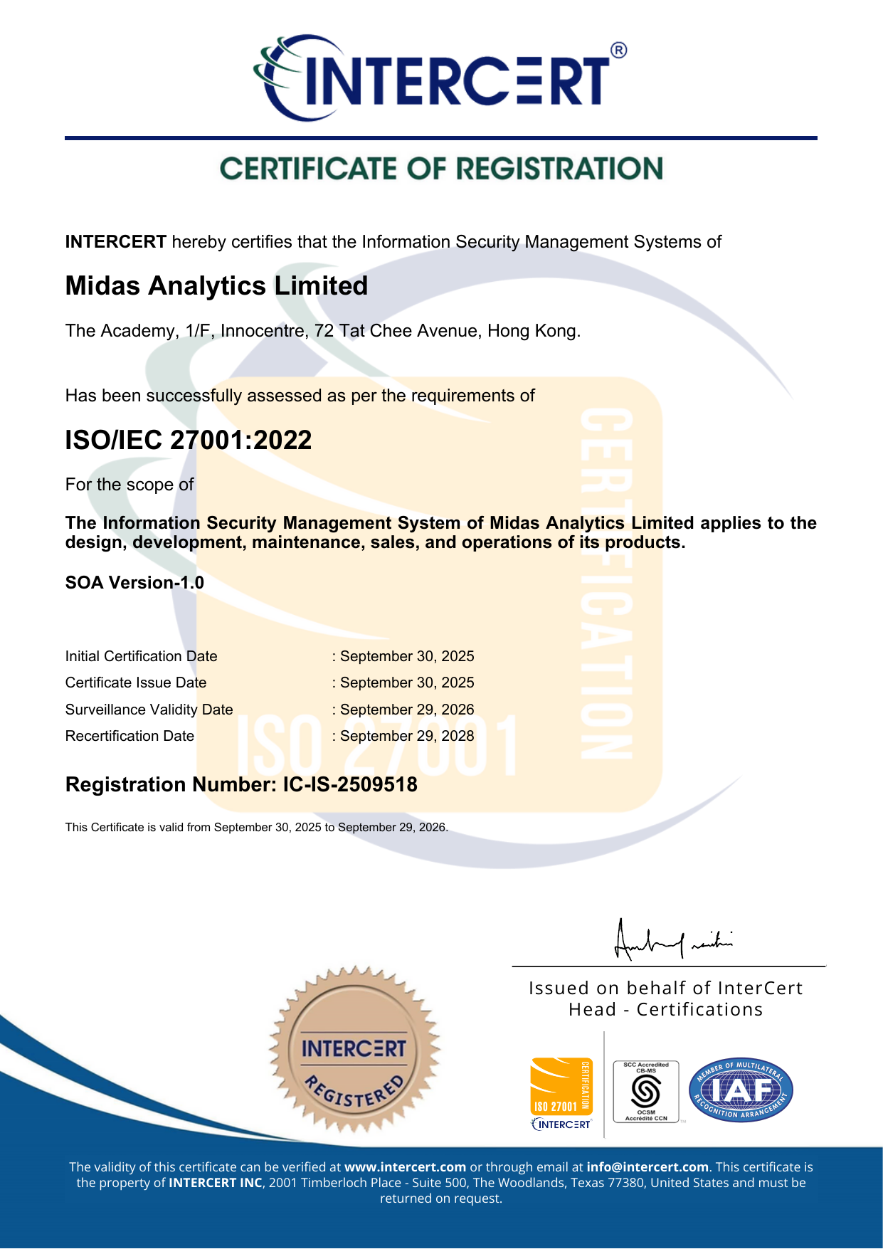 ISO/IEC 27001:2022 certificate — Midas Analytics Limited
